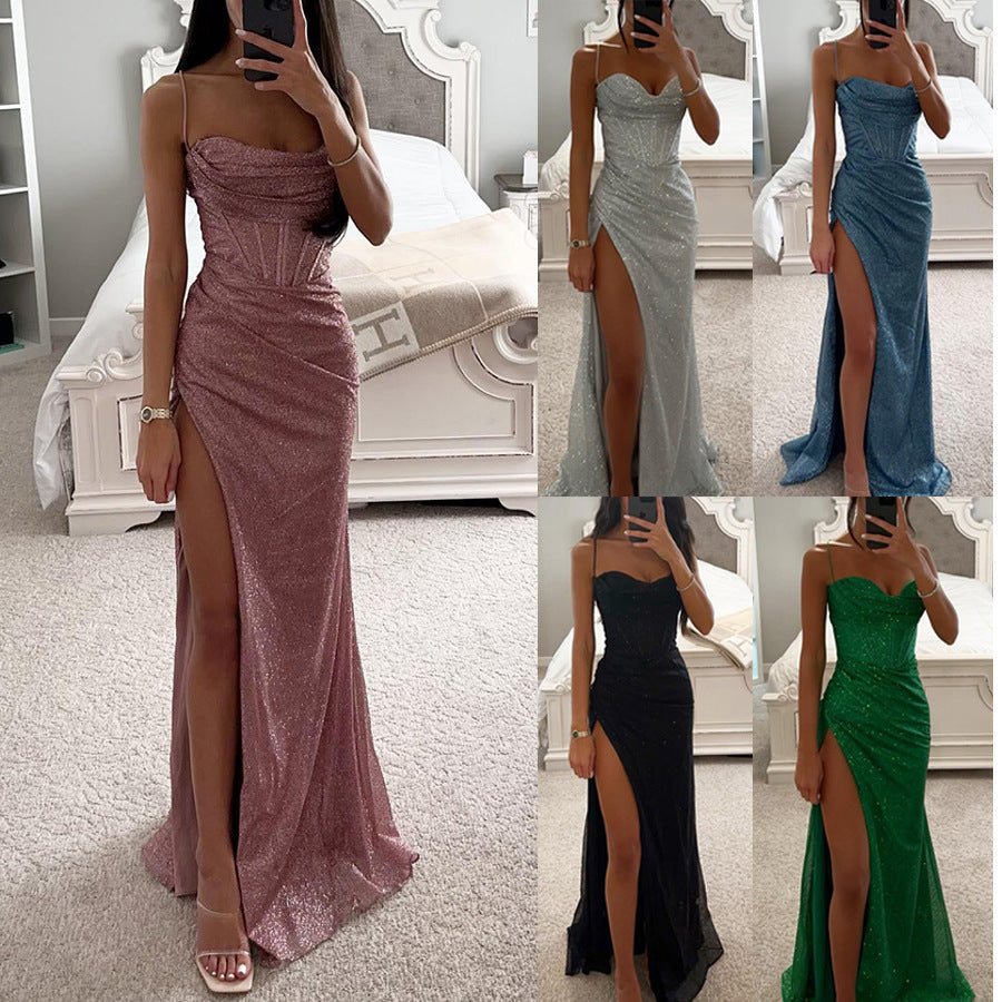 Sexy Split Suspender Dress – V-Neck Slim Long Party Dress for Women