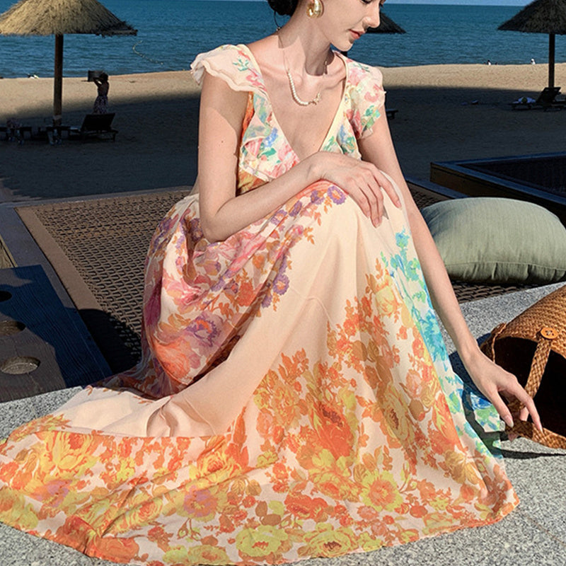Floral V-Neck Backless Maxi Dress – Romantic Summer Beach Holiday Dress