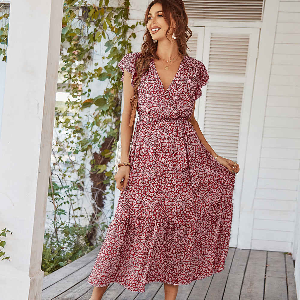 Women’s Summer Ruffle Cap Sleeve V-Neck Belt Wrap Split Floral Long Dress