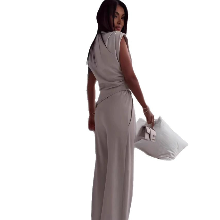 Women's Sleeveless Suit Fashion Slim Irregular Split Top and Straight Pants Set
