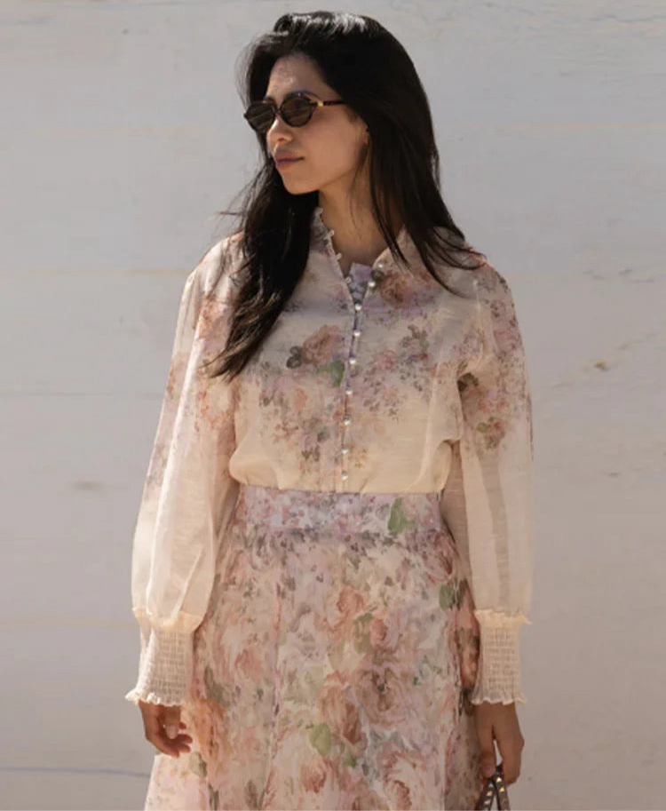 Floral Printed Two-Piece Skirt Set – Loose Full Sleeve Shirt & Pleated Maxi Skirt