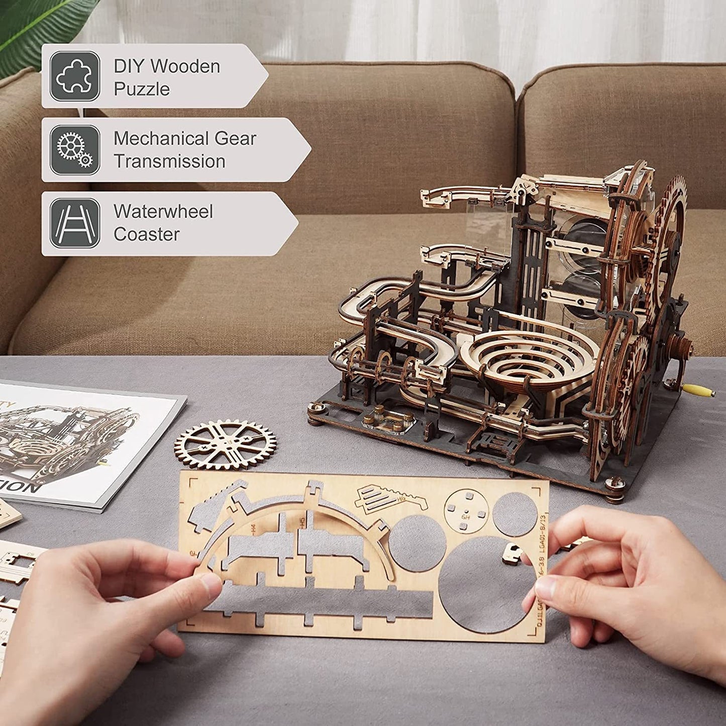 ROKR Marble Night City 3D Wooden Puzzle – Waterwheel Marble Run Kit