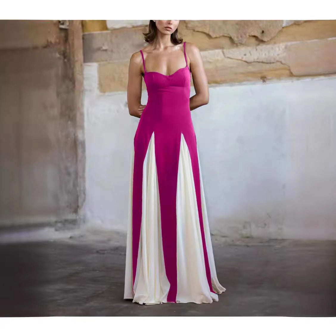 Colour Contrast Slim-Fit Sling Dress – Summer A-Line Long Dress for Women