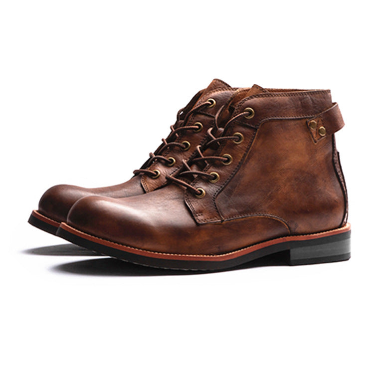 Men’s Retro Lace-Up PU Leather Ankle Boots – Low Heel Motorcycle Style