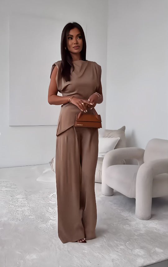 Women's Sleeveless Suit Fashion Slim Irregular Split Top and Straight Pants Set