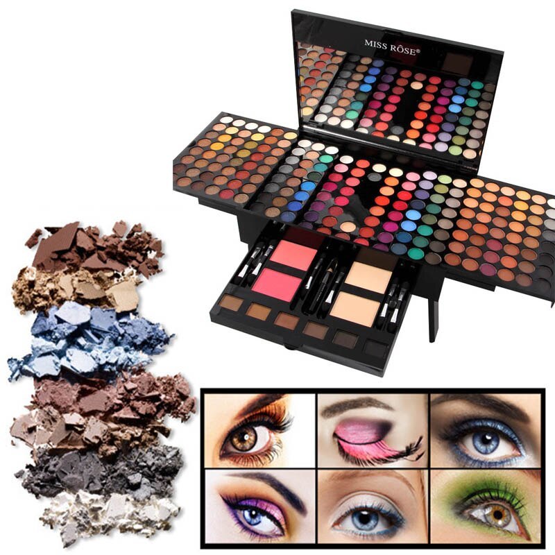 Makeup palette with eyeshadows and makeup samples on a white background