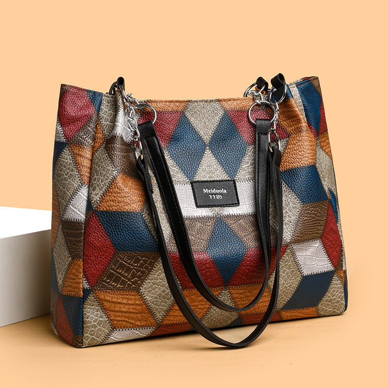 Retro Geometric Pattern-Matching Shoulder Bag— Large Capacity Stitching Handbag Tote