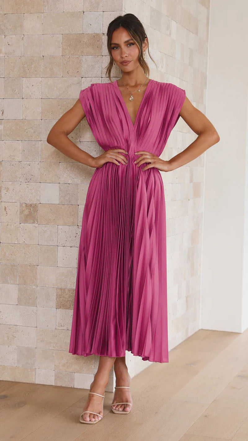 Summer V-Neck Pleated Dress – Casual Loose Fit with Zipper & Lace-Up Detail