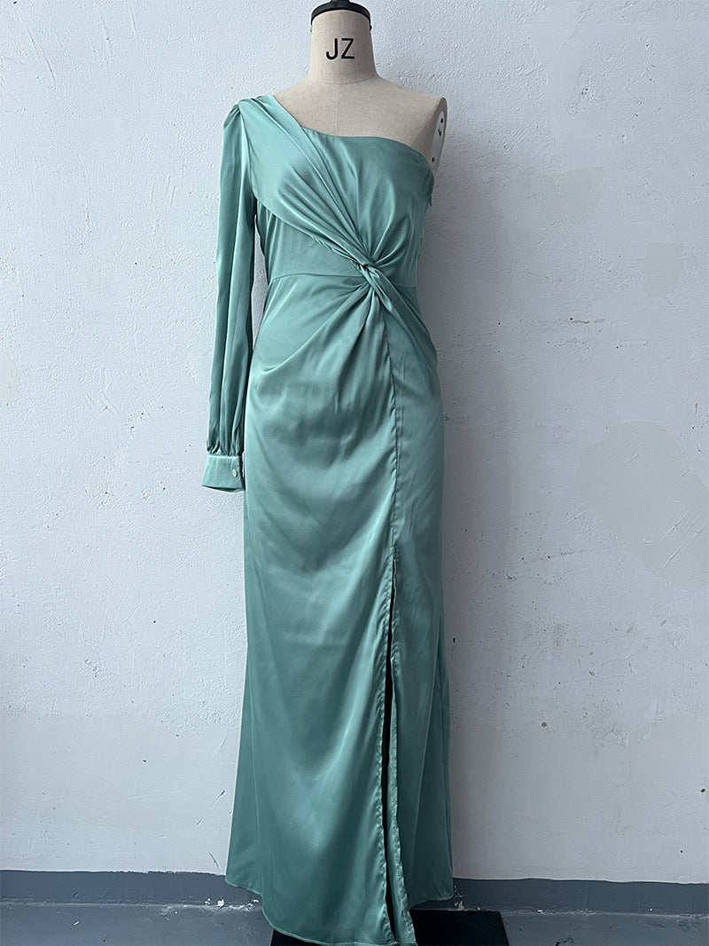 Women's One-Shoulder Long Sleeve Split Dress – Elegant Slim Fit Evening Gown