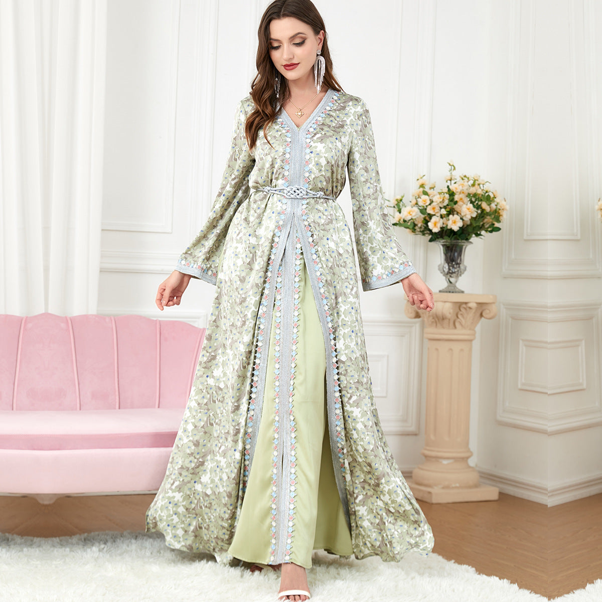 Women’s Fashion Patchwork Two-Piece Suit Dress – A-Line Long Skirt with V-Neck Collar