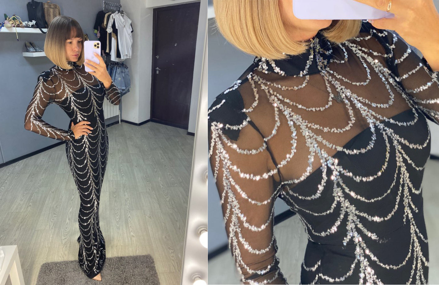 Elegant Sequin Maxi Dress – Long Sleeve Sheer Evening Gown for Women