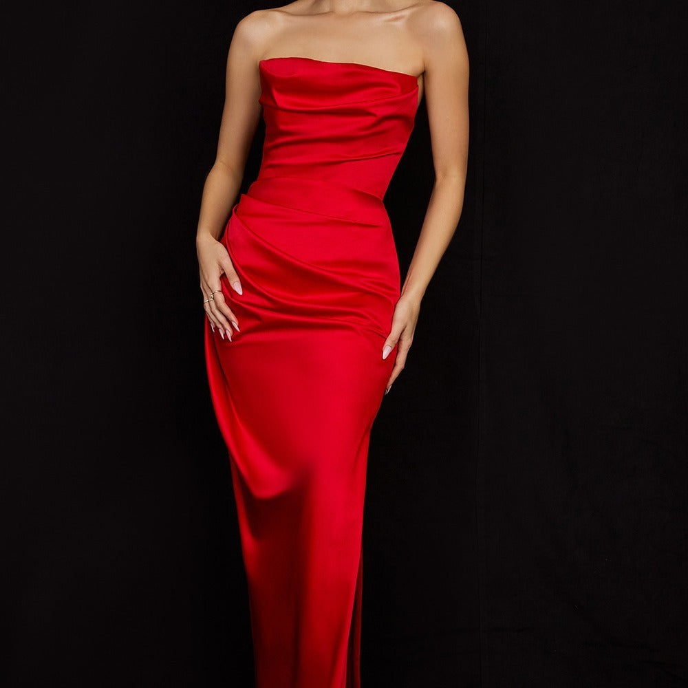 Satin Tube Top Split Dress – Knee-Length Summer Elegance