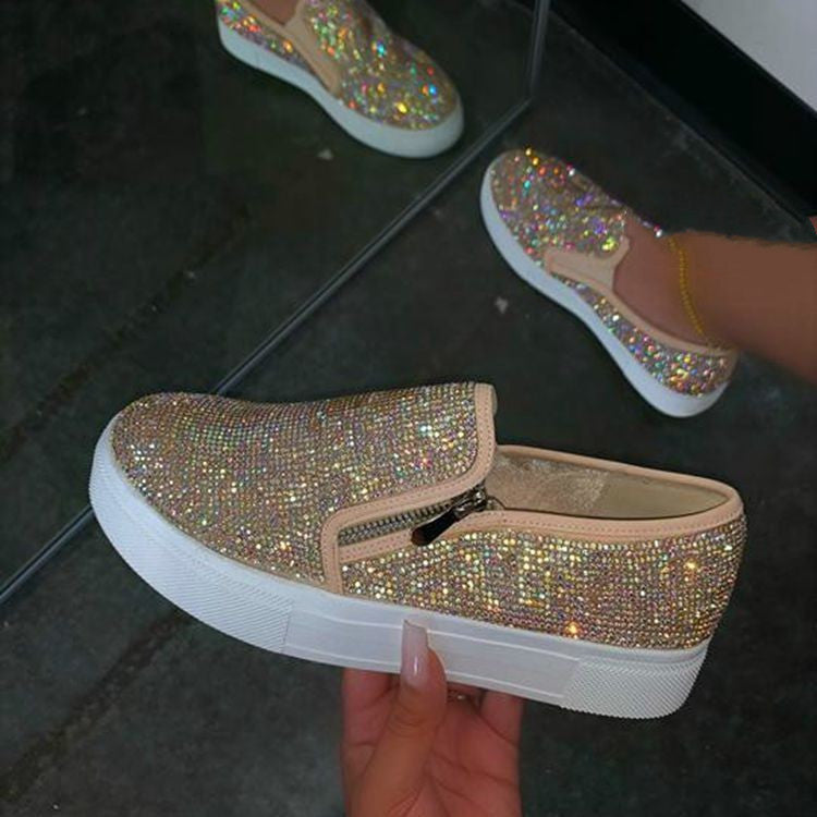 Large Size Rhinestone Flat Casual Single Shoes – Women’s Lazy Slip-On Flats