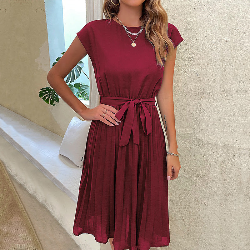 Pleated Waist-Tied Summer Dress – Short Sleeve Beachwear for Women