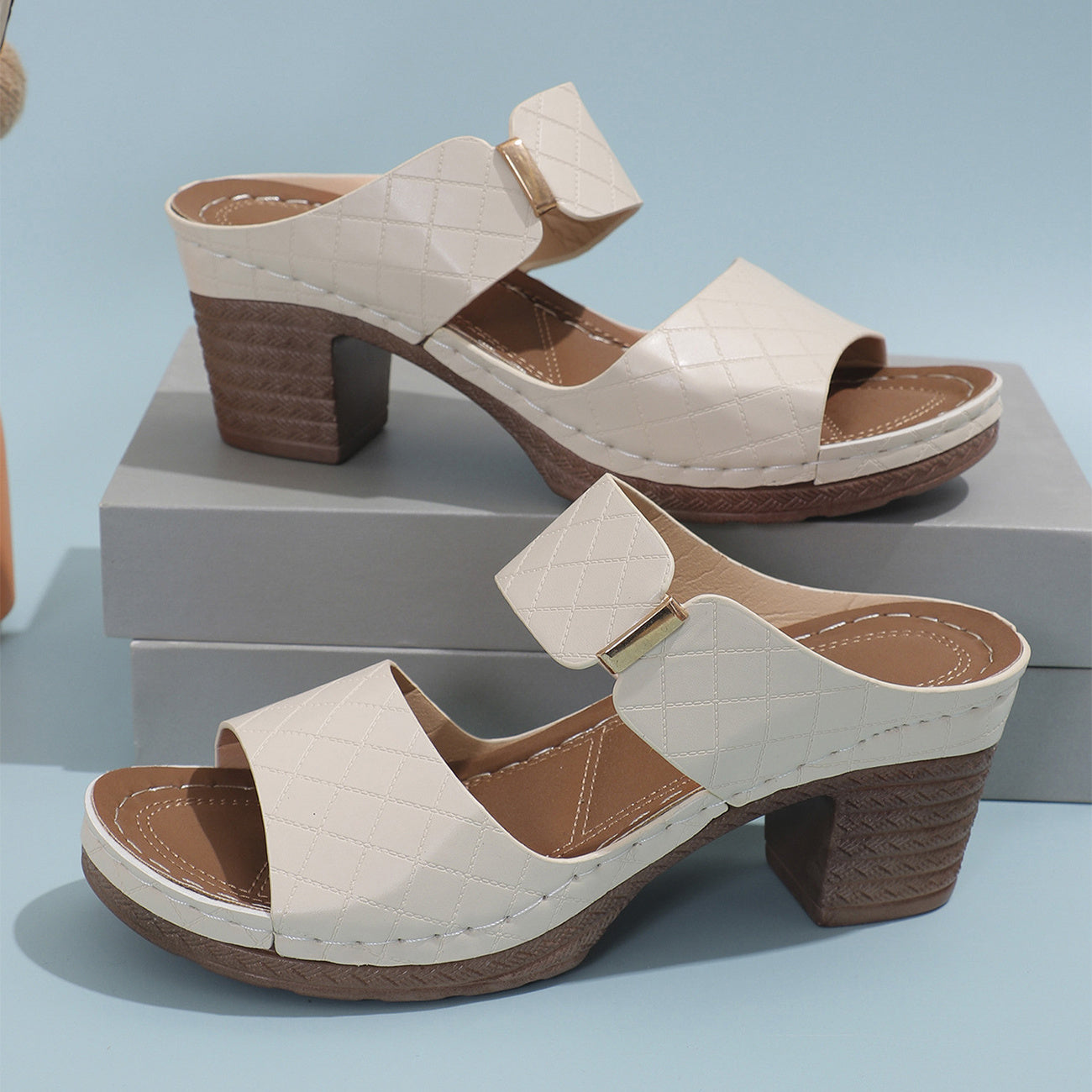 Women's Chunky Heel Plaid Slides – Summer Sandals