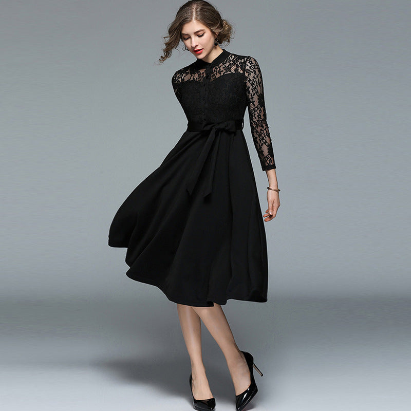 Women’s Hollowed-out Lace Patchwork Lace-Up Skirt