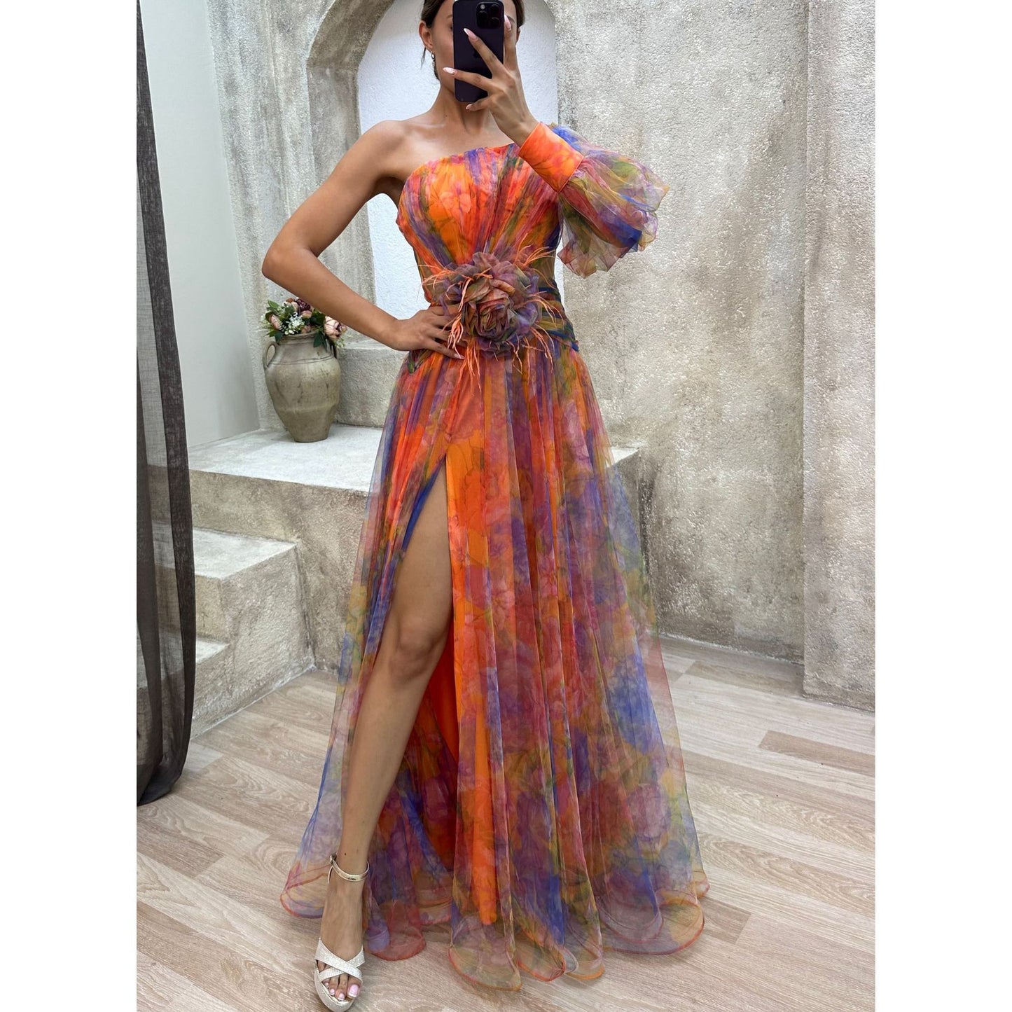 Mesh Tie-Dye Off-Shoulder Slit Dress – Long Sleeve Summer Party Dress for Women