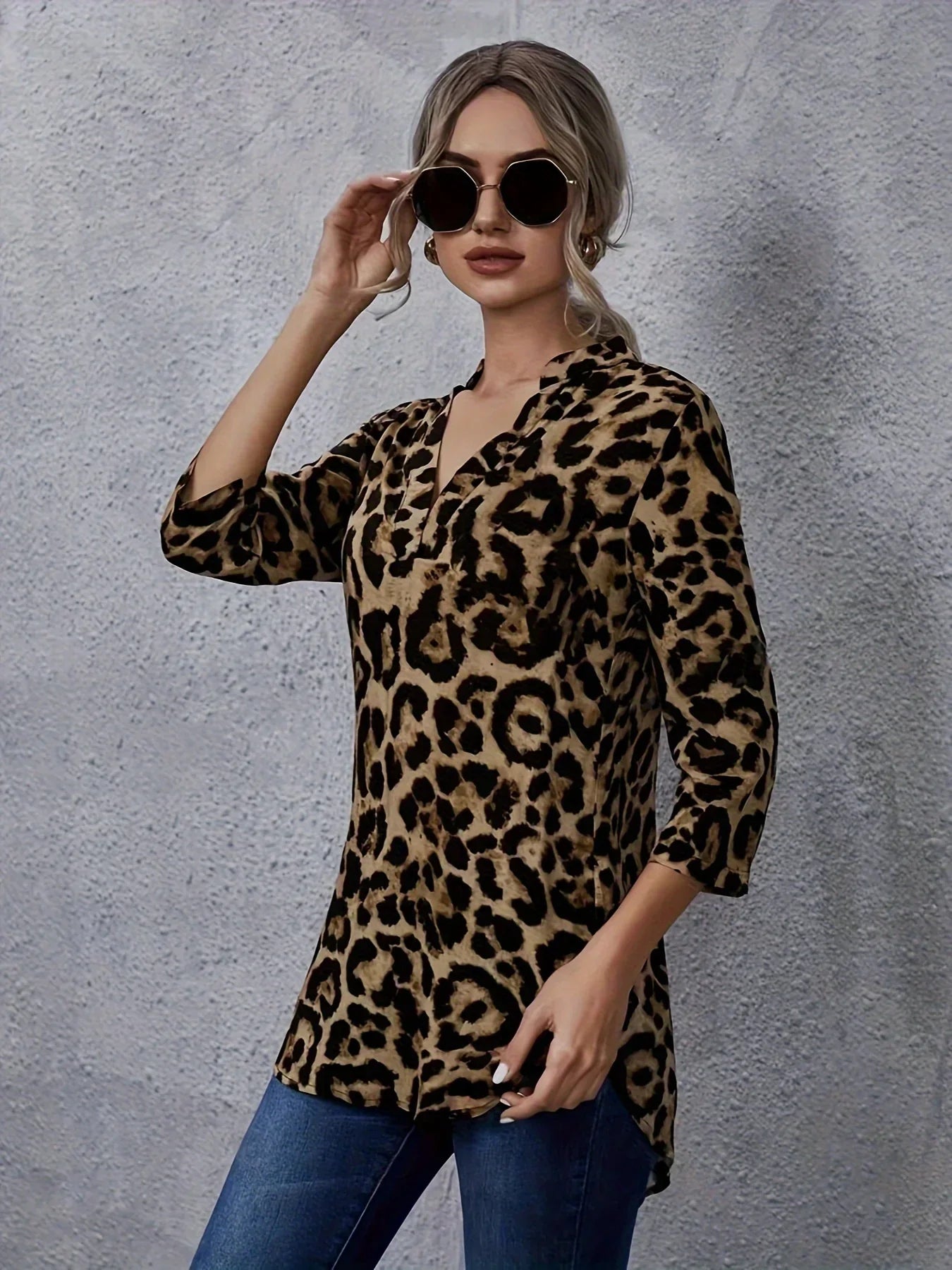 GrabliWorld Leopard Print V-neck Blouse