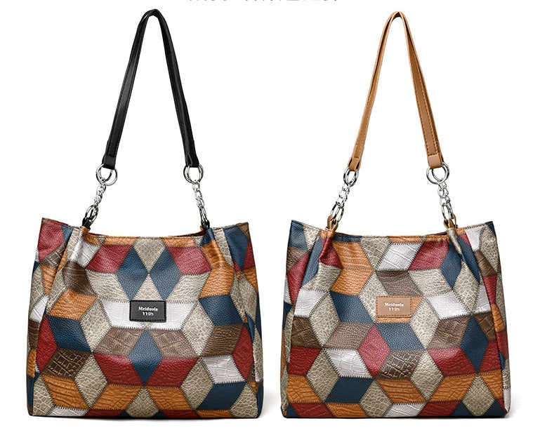 Retro Geometric Pattern-Matching Shoulder Bag— Large Capacity Stitching Handbag Tote
