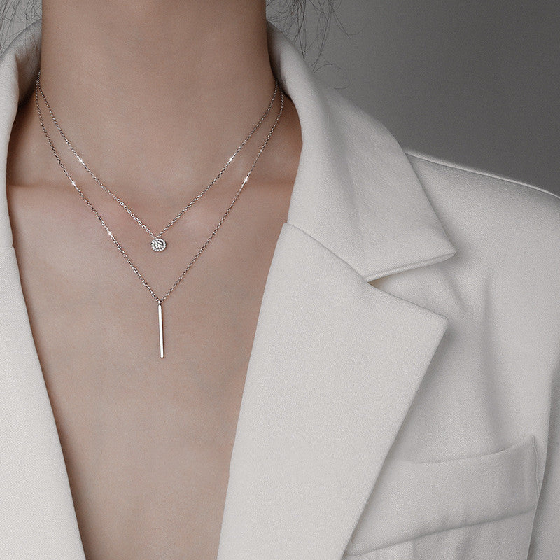 Square Stripe Diamond Round Double Necklace