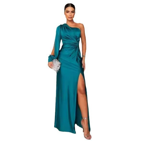 Women's One-Shoulder Long Sleeve Split Dress – Elegant Slim Fit Evening Gown