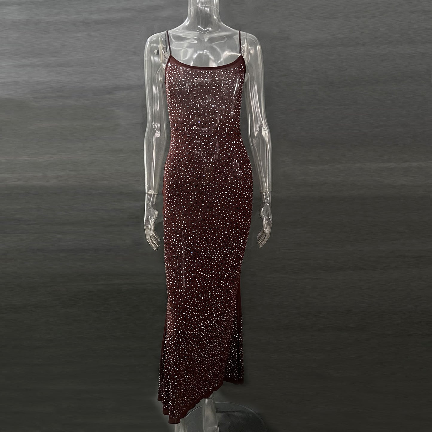 Sheer Mesh Layering Mermaid Dress – Shiny Nude Sequin Suspender Gown | GrabliWorld