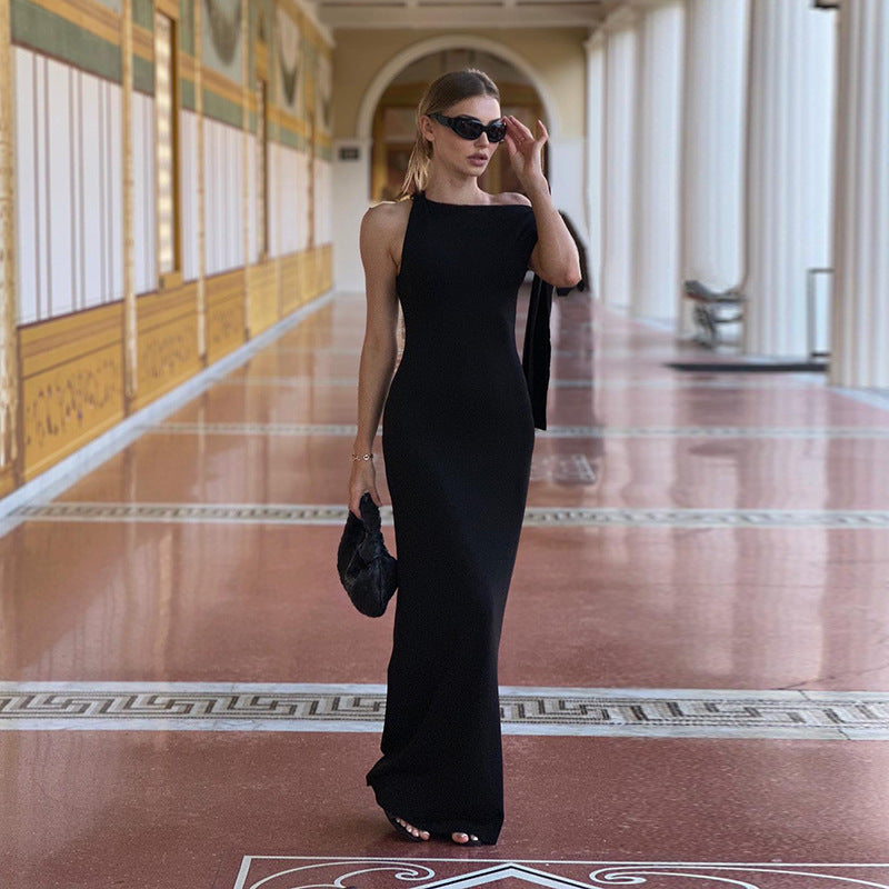Women's One-Shoulder Ribbon Long Dress – Slim Fit Sleeveless Evening Gown