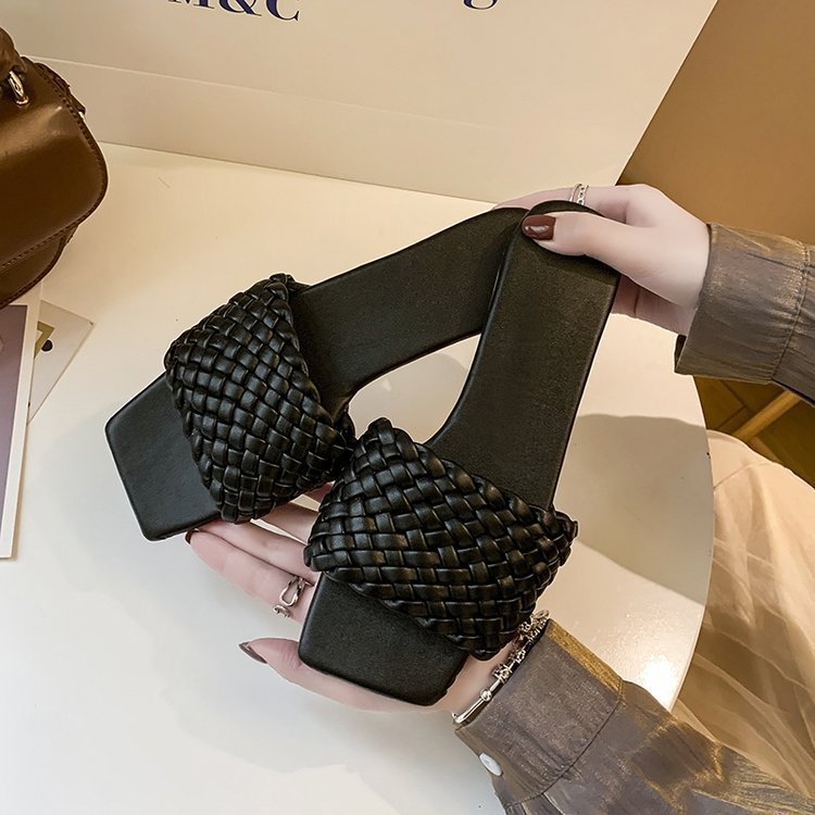 Woven European And American Fine Plaid Square Toe Toe Flat Sandals Women