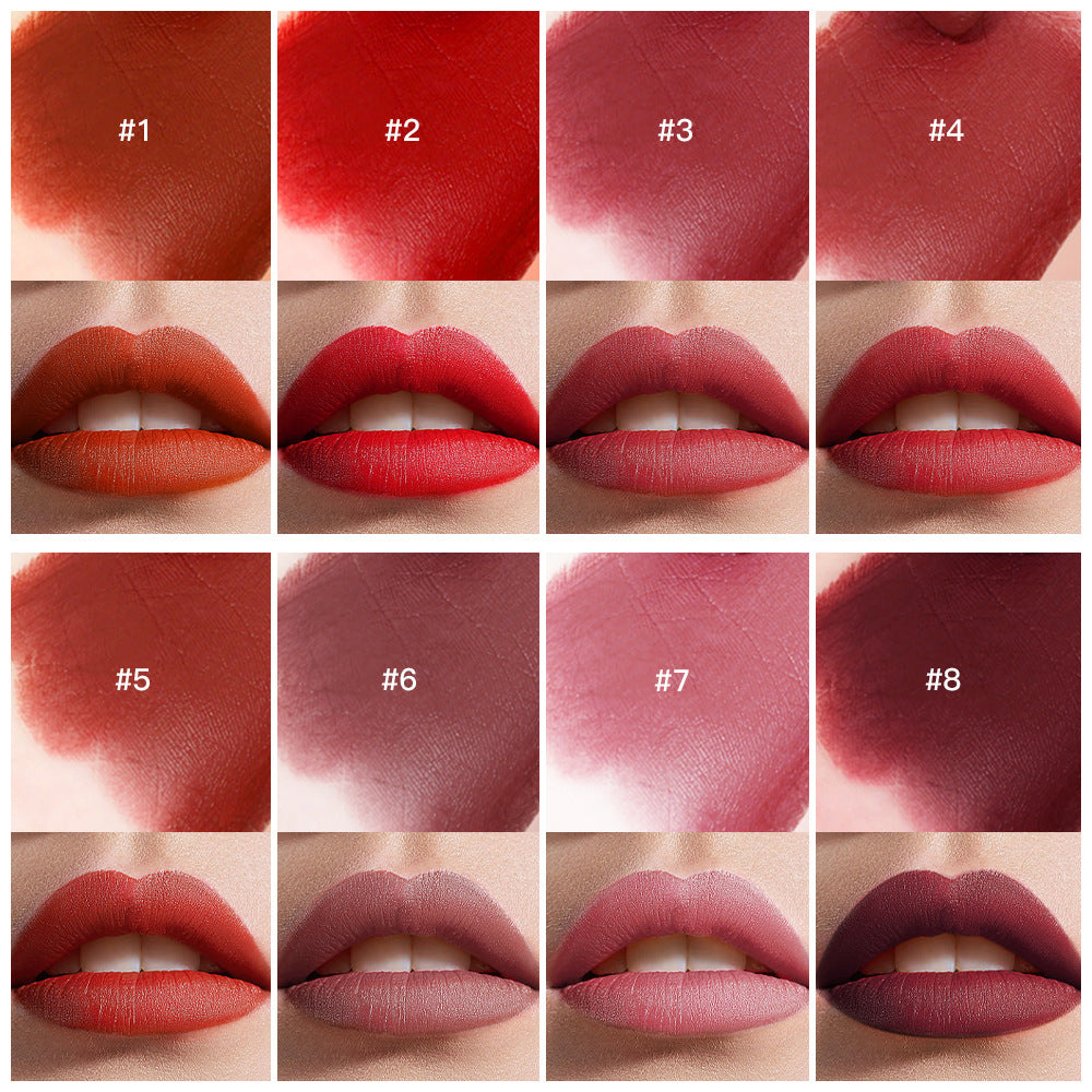 Grid of lipstick swatches on lips with labeled shades.