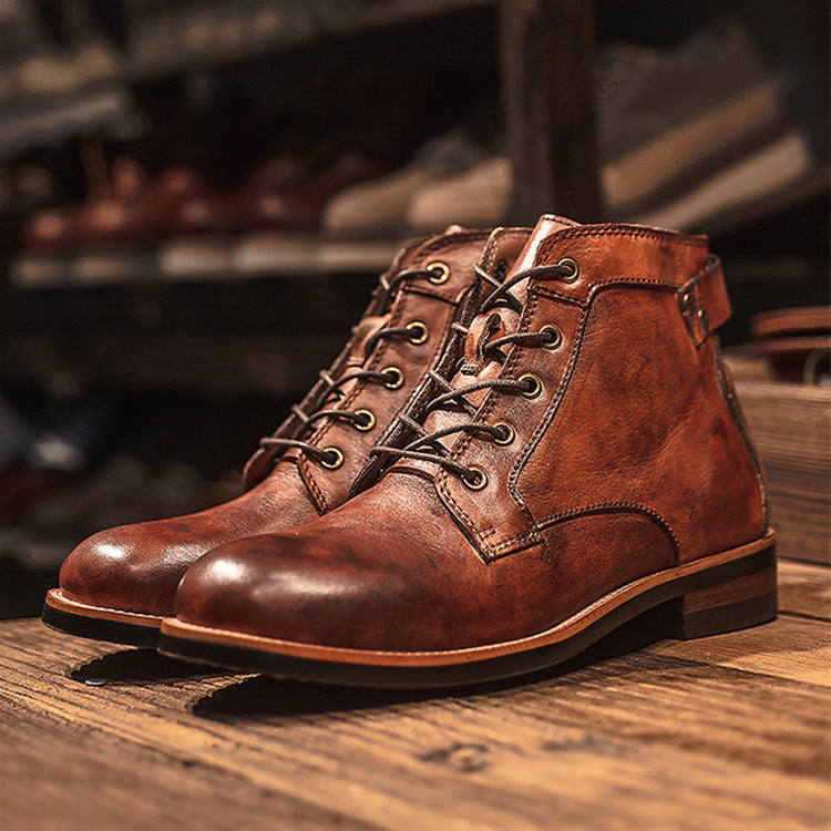 Men’s Retro Lace-Up PU Leather Ankle Boots – Low Heel Motorcycle Style