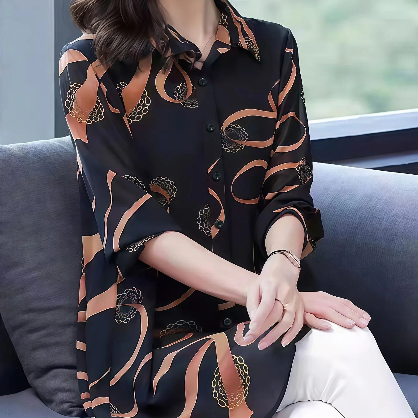 GrabliWorld Women’s Elegant Geometric Print Long Sleeve Shirt