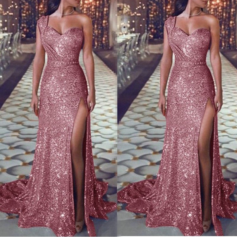 Women’s One-Shoulder Sleeveless Bronzing Split A-Line Long Dress – Urban Chic Temperament Style
