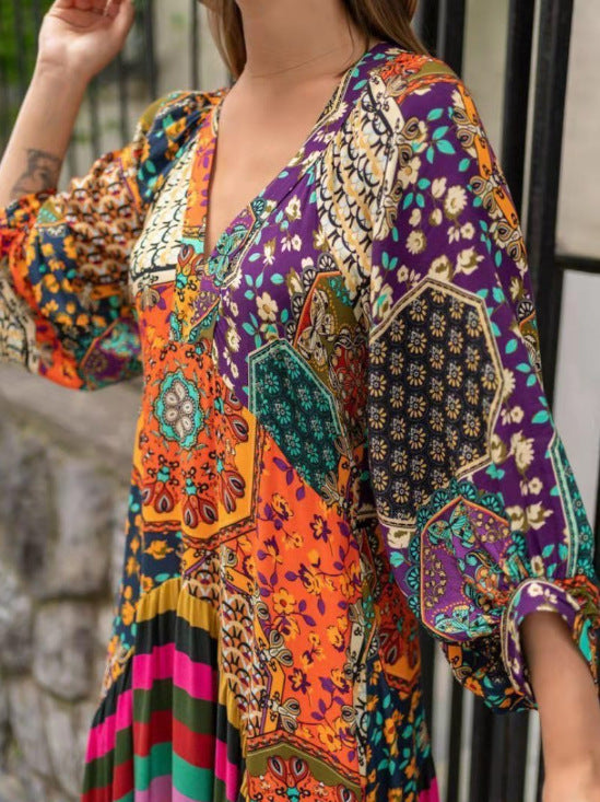 Women's Extra Long Ethnic Style Printed Dress – Flowing Boho Maxi | GrabliWorld