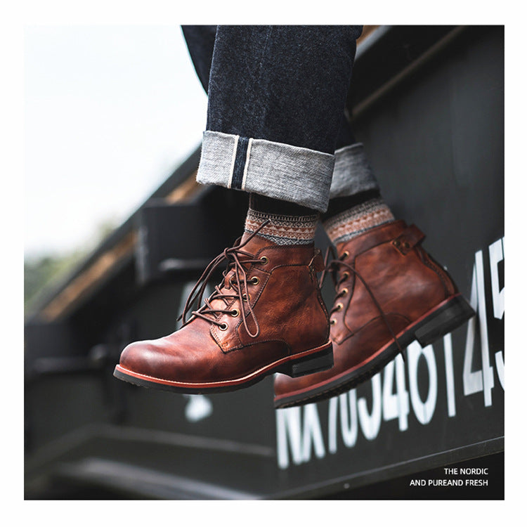 Men’s Retro Lace-Up PU Leather Ankle Boots – Low Heel Motorcycle Style