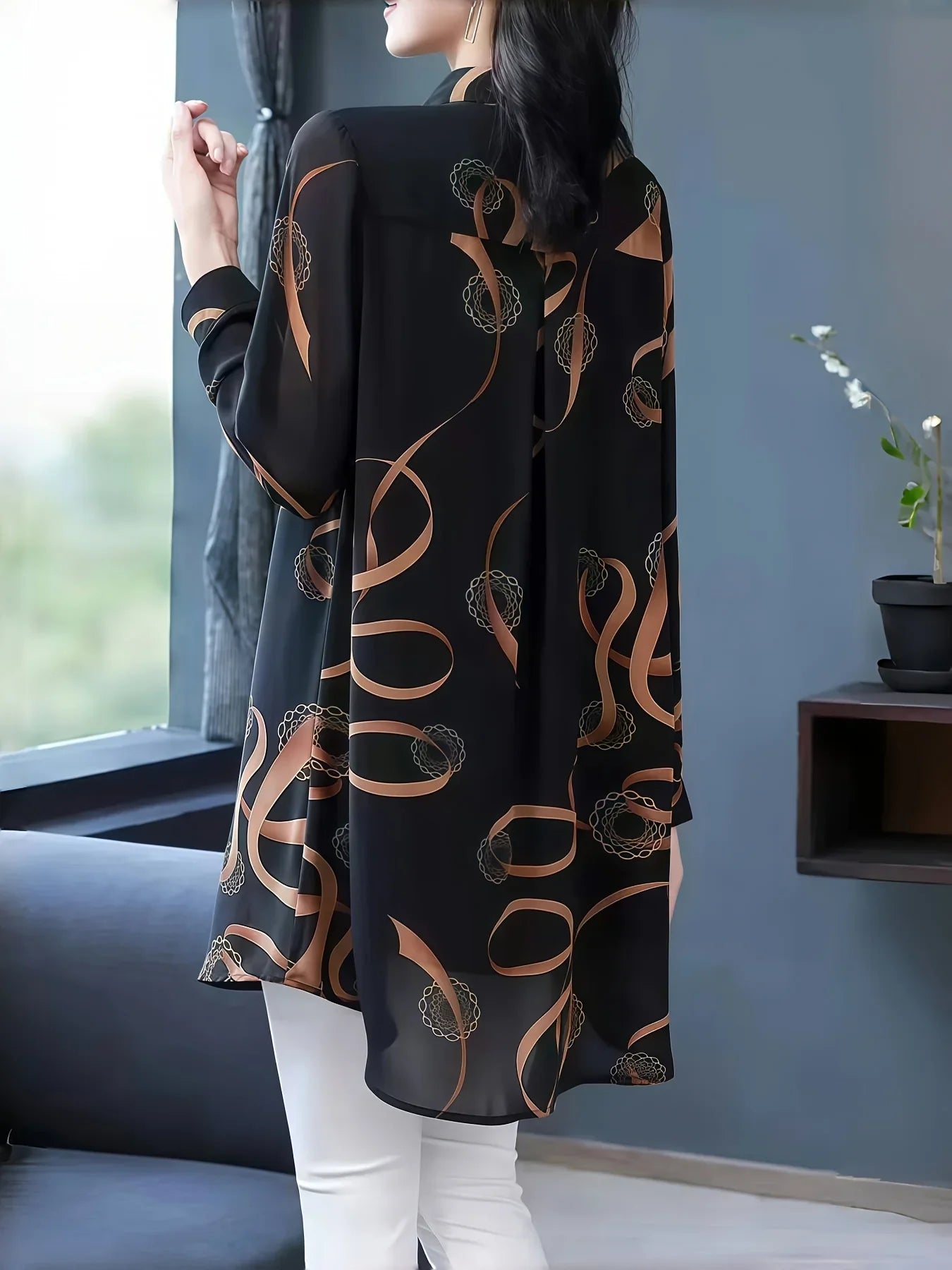 GrabliWorld Women’s Elegant Geometric Print Long Sleeve Shirt