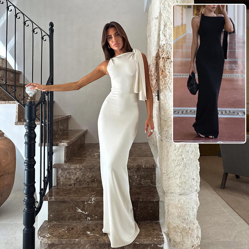 Women's One-Shoulder Ribbon Long Dress – Slim Fit Sleeveless Evening Gown