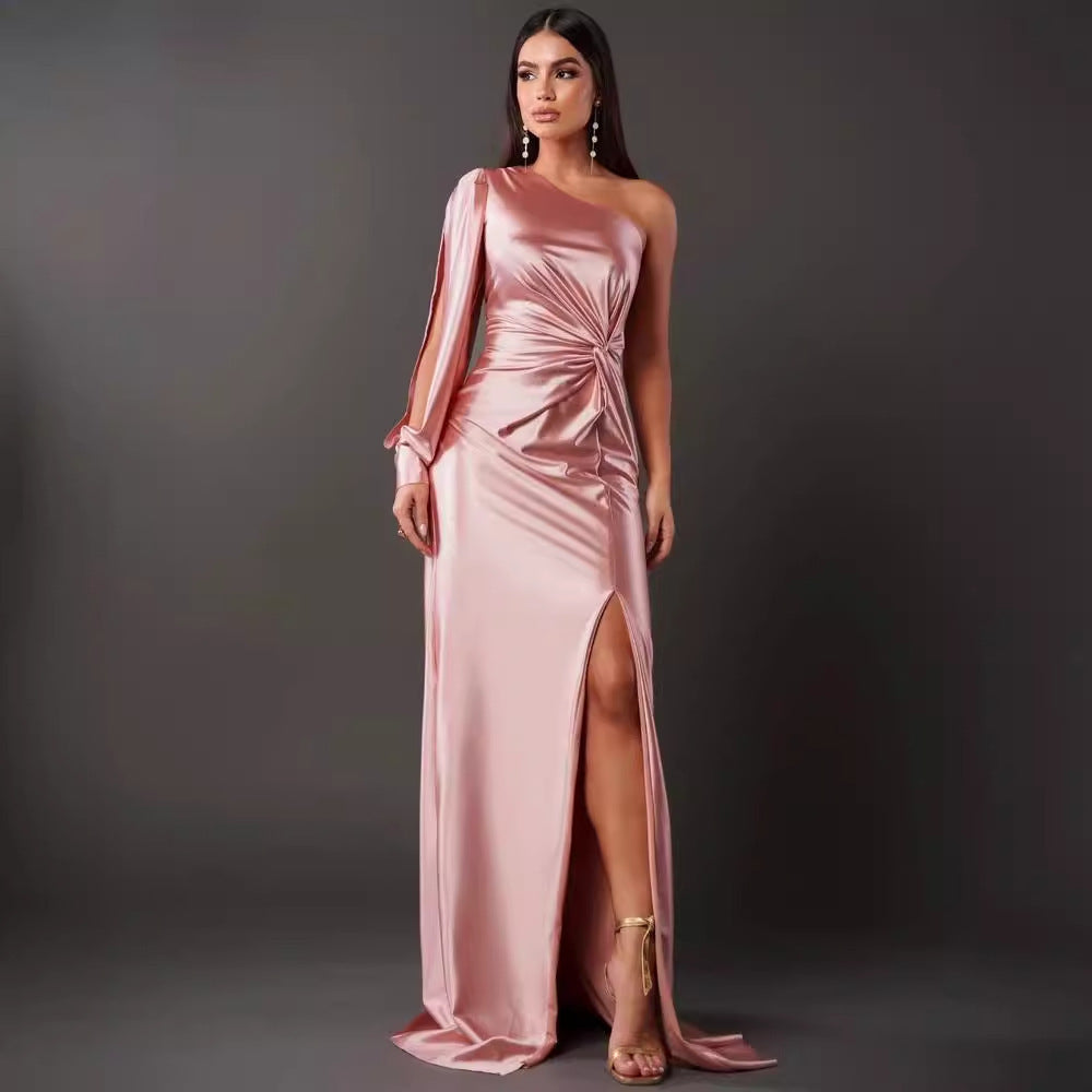 Women's One-Shoulder Long Sleeve Split Dress – Elegant Slim Fit Evening Gown