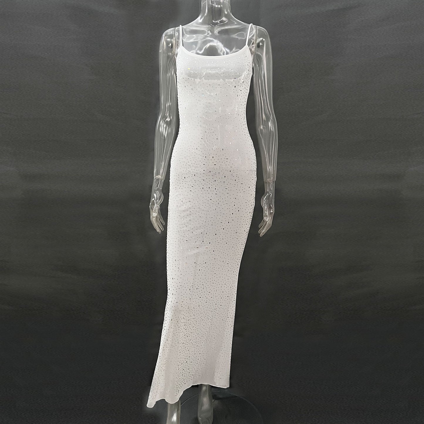 Sheer Mesh Layering Mermaid Dress – Shiny Nude Sequin Suspender Gown | GrabliWorld