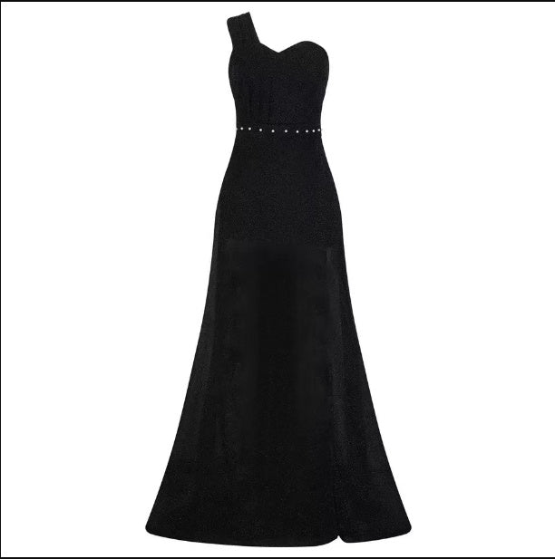 Women’s One-Shoulder Sleeveless Bronzing Split A-Line Long Dress – Urban Chic Temperament Style
