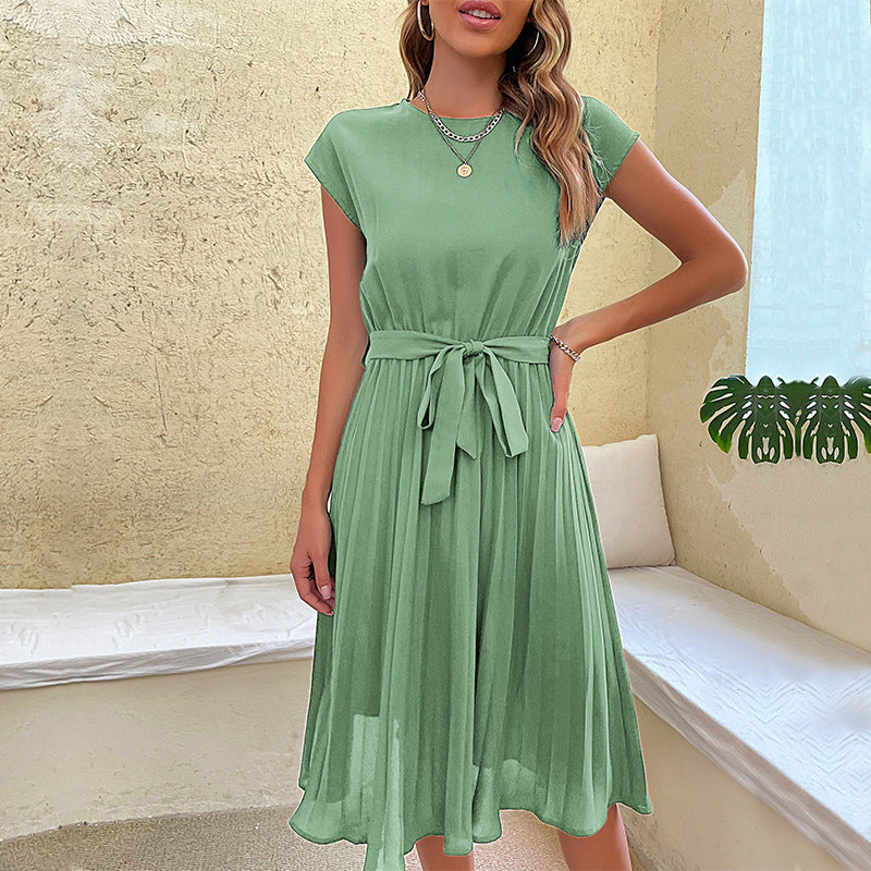 Pleated Waist-Tied Summer Dress – Short Sleeve Beachwear for Women