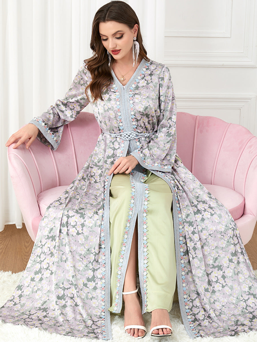 Women’s Fashion Patchwork Two-Piece Suit Dress – A-Line Long Skirt with V-Neck Collar