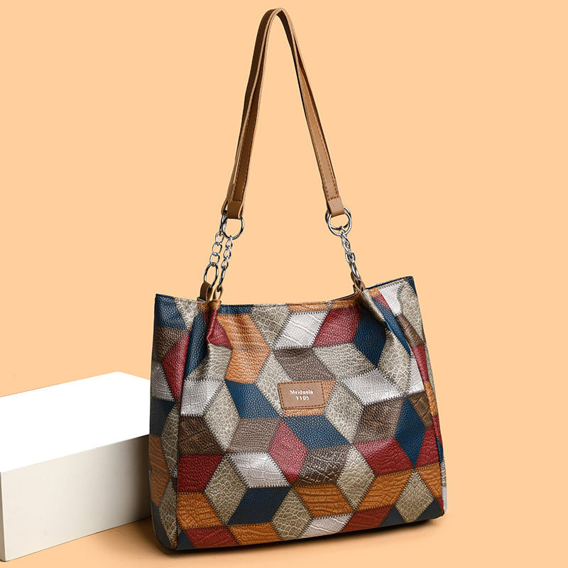 Retro Geometric Pattern-Matching Shoulder Bag— Large Capacity Stitching Handbag Tote