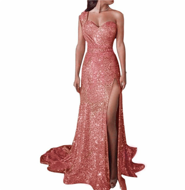 Women’s One-Shoulder Sleeveless Bronzing Split A-Line Long Dress – Urban Chic Temperament Style