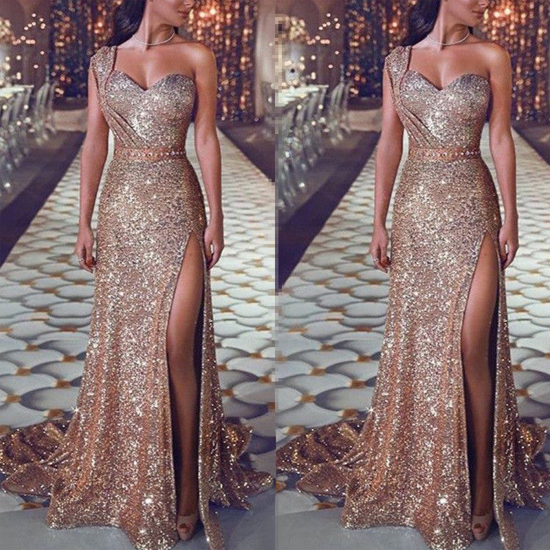 Women’s One-Shoulder Sleeveless Bronzing Split A-Line Long Dress – Urban Chic Temperament Style