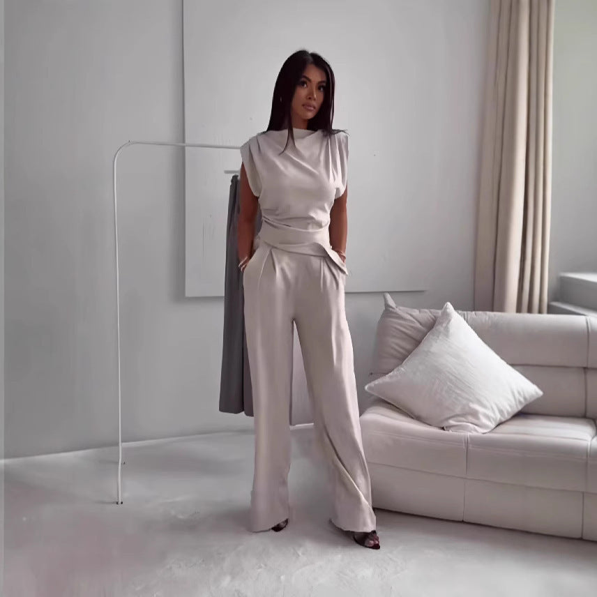 Women's Sleeveless Suit Fashion Slim Irregular Split Top and Straight Pants Set