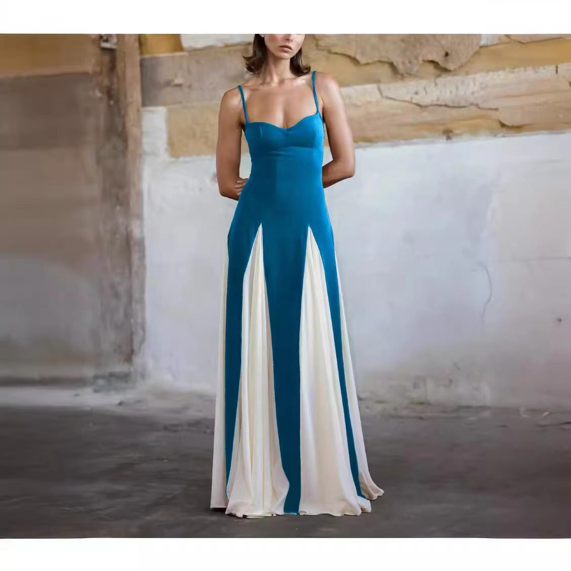 Colour Contrast Slim-Fit Sling Dress – Summer A-Line Long Dress for Women