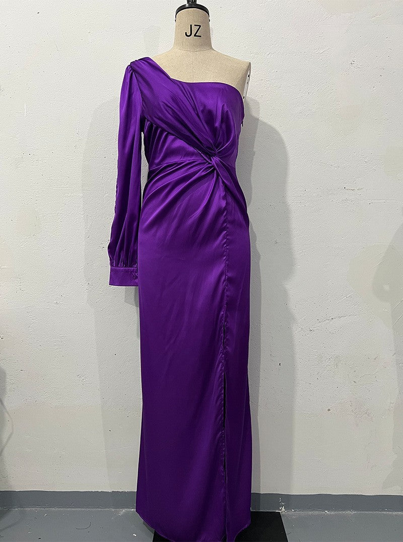 Women's One-Shoulder Long Sleeve Split Dress – Elegant Slim Fit Evening Gown