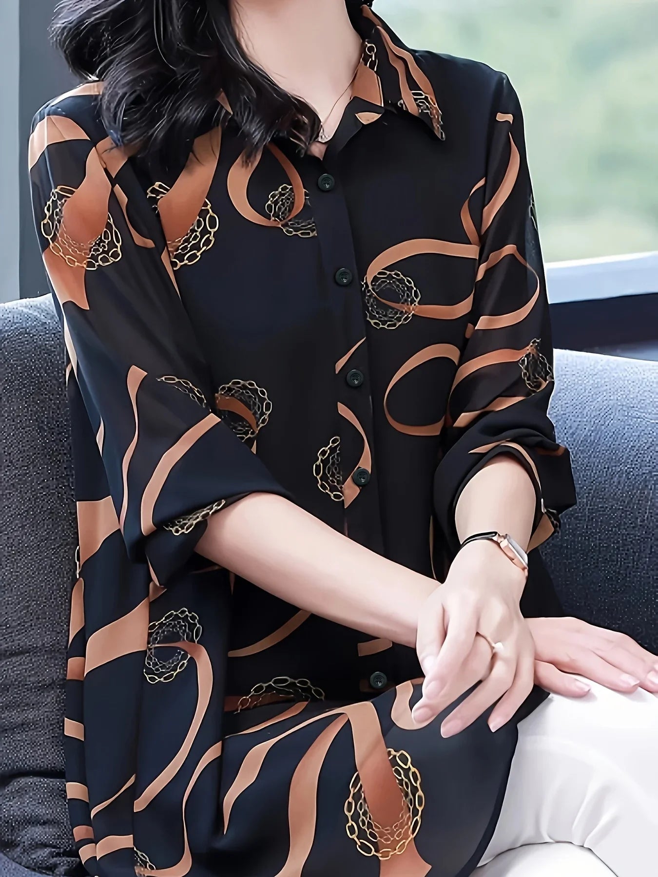 GrabliWorld Women’s Elegant Geometric Print Long Sleeve Shirt