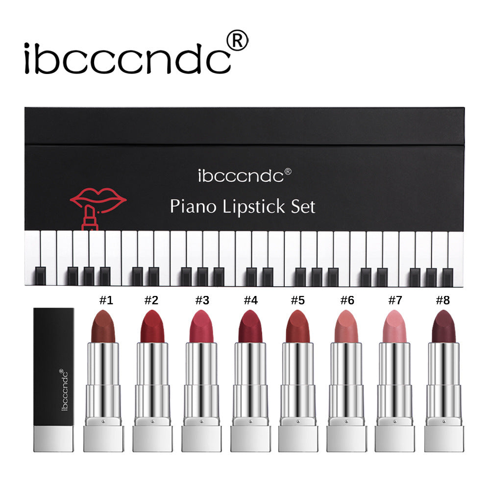 ibccndc Piano Lipstick Set with eight lipsticks and packaging on a white background