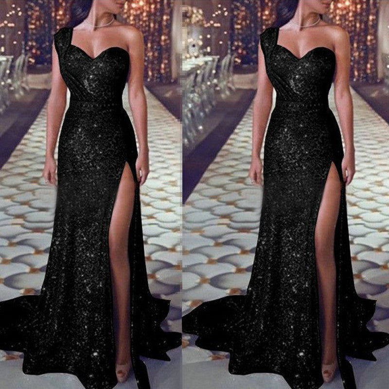 Women’s One-Shoulder Sleeveless Bronzing Split A-Line Long Dress – Urban Chic Temperament Style